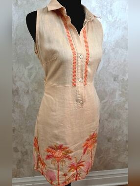 Anthro Style 100% Linen Embroidered Palm Mini Dress XXS | Tropical Resort